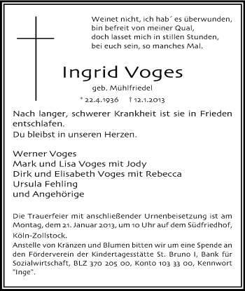 Anzeige von Ingrid Voges von Kölner Stadt-Anzeiger / Kölnische Rundschau / Express