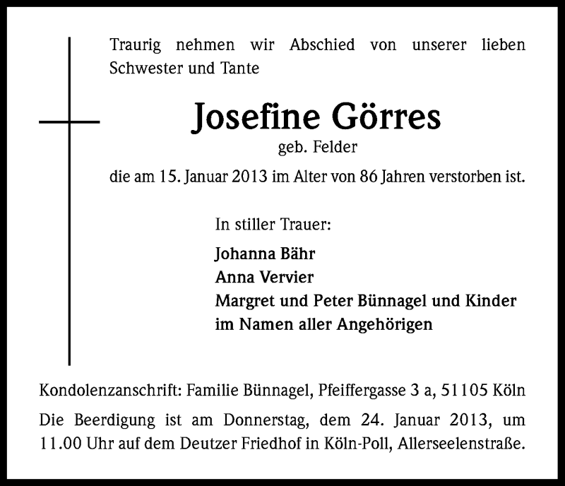  Traueranzeige für Josefine Görres vom 19.01.2013 aus Kölner Stadt-Anzeiger / Kölnische Rundschau / Express