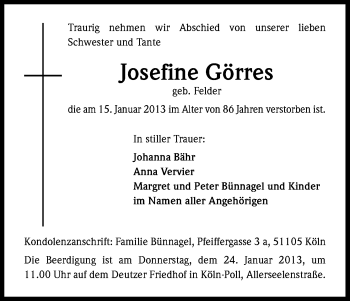 Anzeige von Josefine Görres von Kölner Stadt-Anzeiger / Kölnische Rundschau / Express
