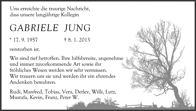  Traueranzeige für Gabriele Jung vom 19.01.2013 aus Kölner Stadt-Anzeiger / Kölnische Rundschau / Express