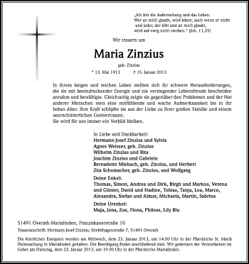 Anzeige von Maria Zinzius von Kölner Stadt-Anzeiger / Kölnische Rundschau / Express