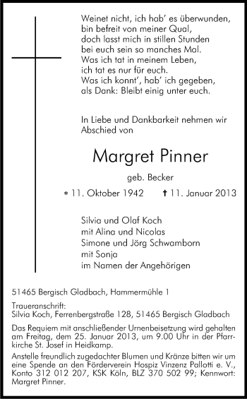 Anzeige von Margret Pinner von Kölner Stadt-Anzeiger / Kölnische Rundschau / Express