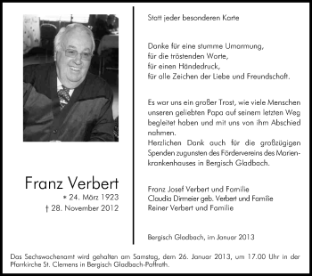 Anzeige von Franz Verbert von Kölner Stadt-Anzeiger / Kölnische Rundschau / Express