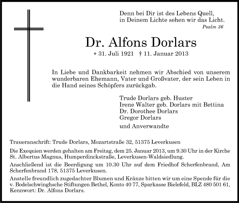 Traueranzeige für Alfons Dorlars vom 19.01.2013 aus Kölner Stadt-Anzeiger / Kölnische Rundschau / Express