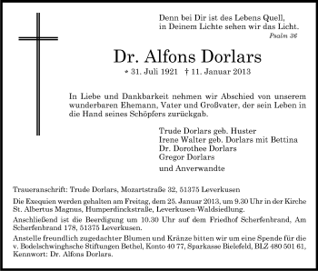 Anzeige von Alfons Dorlars von Kölner Stadt-Anzeiger / Kölnische Rundschau / Express