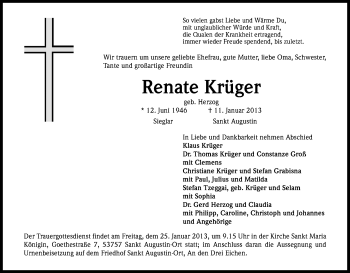 Anzeige von Renate Krüger von Kölner Stadt-Anzeiger / Kölnische Rundschau / Express