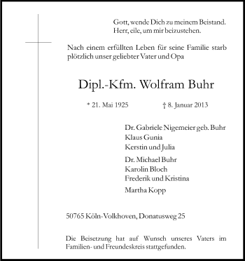 Anzeige von Wolfram Buhr von Kölner Stadt-Anzeiger / Kölnische Rundschau / Express