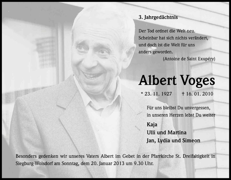  Traueranzeige für Albert Voges vom 19.01.2013 aus Kölner Stadt-Anzeiger / Kölnische Rundschau / Express
