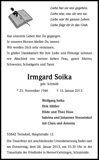 Anzeige von Irmgard Soika von Kölner Stadt-Anzeiger / Kölnische Rundschau / Express