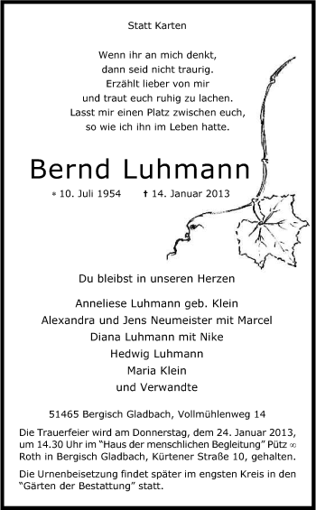 Anzeige von Bernd Luhmann von Kölner Stadt-Anzeiger / Kölnische Rundschau / Express