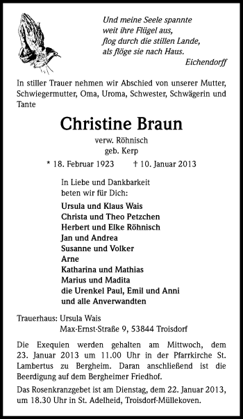 Anzeige von Christine Braun von Kölner Stadt-Anzeiger / Kölnische Rundschau / Express