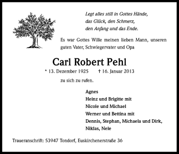 Anzeige von Carl Robert Pehl von Kölner Stadt-Anzeiger / Kölnische Rundschau / Express