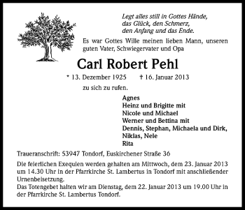 Anzeige von Carl Robert Pehl von Kölner Stadt-Anzeiger / Kölnische Rundschau / Express