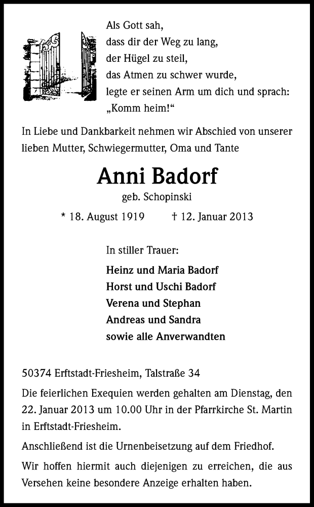  Traueranzeige für Anni Badorf vom 19.01.2013 aus Kölner Stadt-Anzeiger / Kölnische Rundschau / Express
