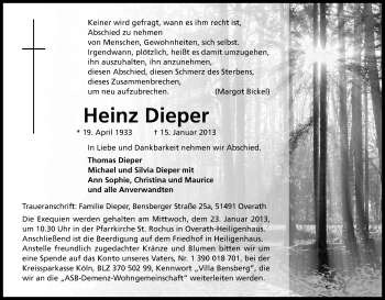 Anzeige von Heinz Dieper von Kölner Stadt-Anzeiger / Kölnische Rundschau / Express