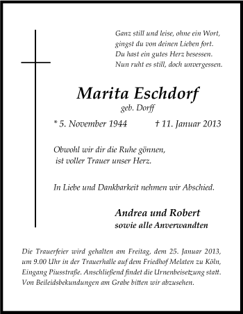 Anzeige von Marita Eschdorf von Kölner Stadt-Anzeiger / Kölnische Rundschau / Express
