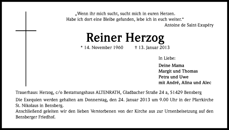  Traueranzeige für Reiner Herzog vom 19.01.2013 aus Kölner Stadt-Anzeiger / Kölnische Rundschau / Express