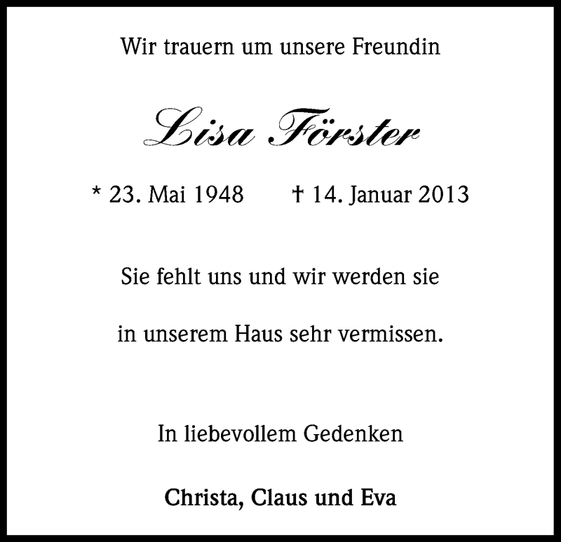  Traueranzeige für Lisa Förster vom 19.01.2013 aus Kölner Stadt-Anzeiger / Kölnische Rundschau / Express