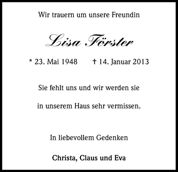 Anzeige von Lisa Förster von Kölner Stadt-Anzeiger / Kölnische Rundschau / Express