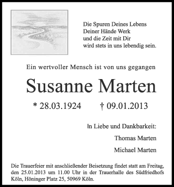 Anzeige von Susanne Marten von Kölner Stadt-Anzeiger / Kölnische Rundschau / Express