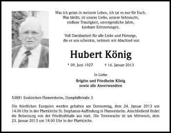 Anzeige von Hubert König von Kölner Stadt-Anzeiger / Kölnische Rundschau / Express