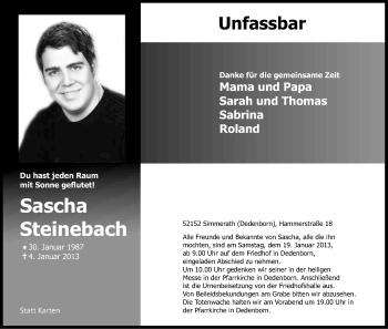 Anzeige von Sascha Steinebach von Kölner Stadt-Anzeiger / Kölnische Rundschau / Express
