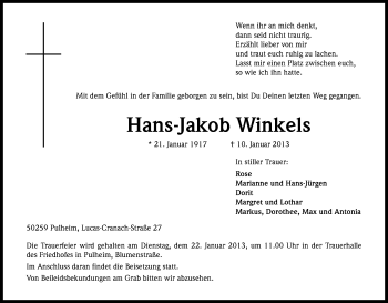 Anzeige von Hans-Jakob Winkels von Kölner Stadt-Anzeiger / Kölnische Rundschau / Express