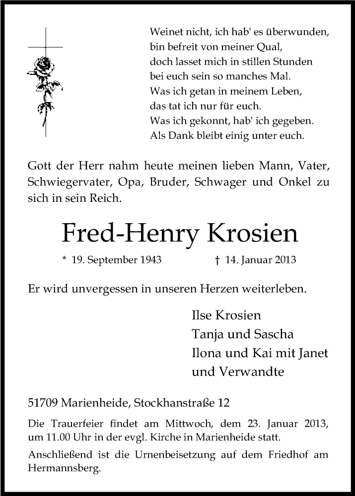  Traueranzeige für Fred-Henry Krosien vom 18.01.2013 aus Kölner Stadt-Anzeiger / Kölnische Rundschau / Express