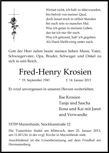 Anzeige von Fred-Henry Krosien von Kölner Stadt-Anzeiger / Kölnische Rundschau / Express