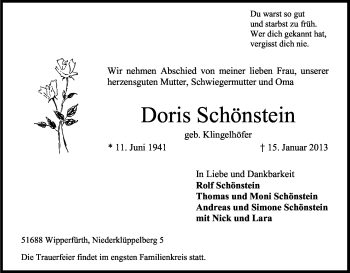 Anzeige von Doris Schönstein von Kölner Stadt-Anzeiger / Kölnische Rundschau / Express