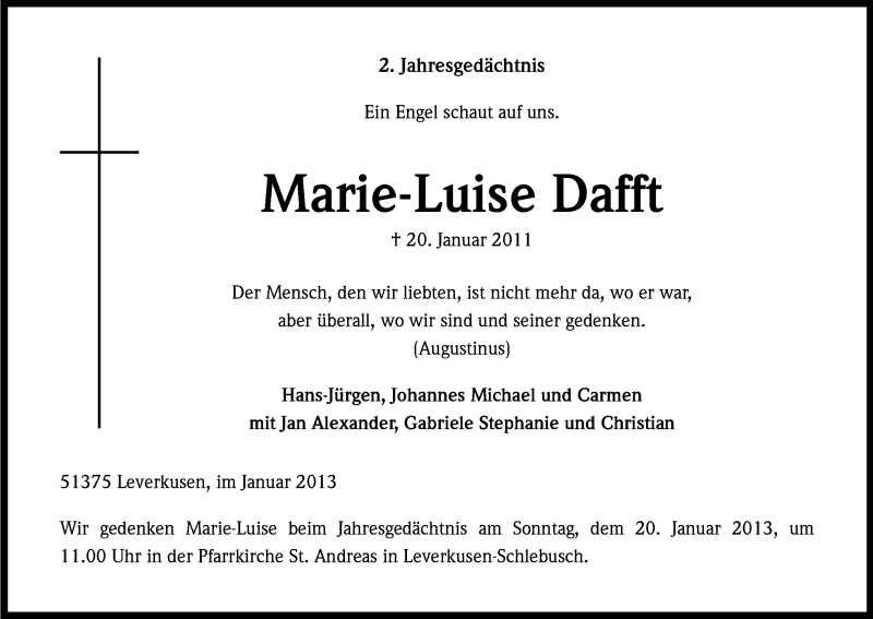  Traueranzeige für Marie-Luise Dafft vom 19.01.2013 aus Kölner Stadt-Anzeiger / Kölnische Rundschau / Express