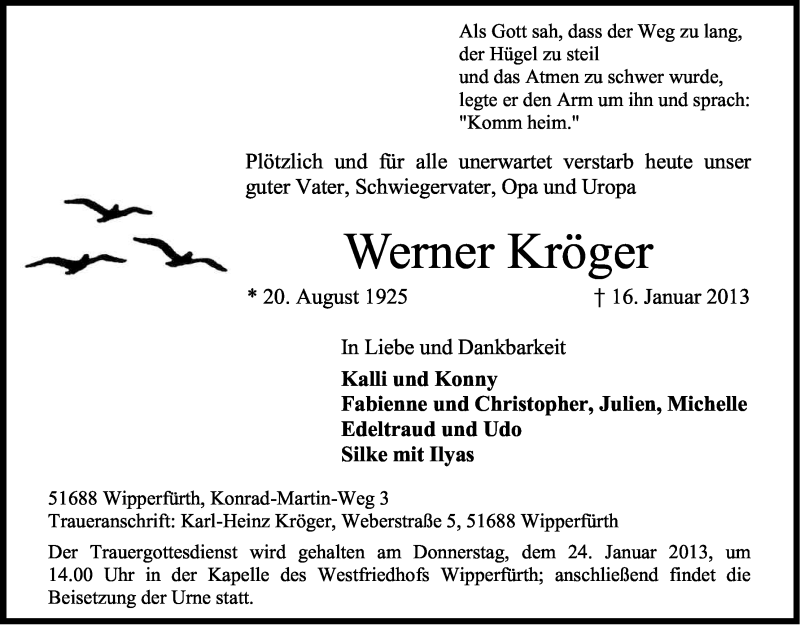  Traueranzeige für Werner Kröger vom 19.01.2013 aus Kölner Stadt-Anzeiger / Kölnische Rundschau / Express