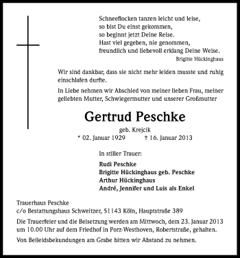Anzeige von Gertrud Peschke von Kölner Stadt-Anzeiger / Kölnische Rundschau / Express