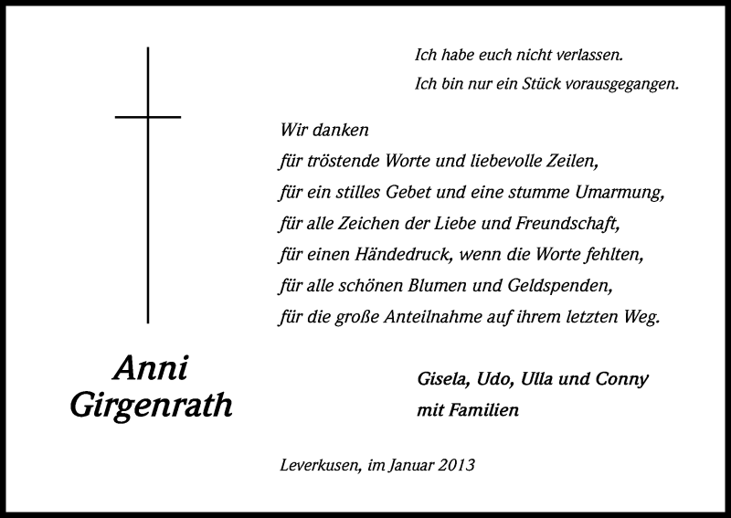  Traueranzeige für Anni Girgenrath vom 19.01.2013 aus Kölner Stadt-Anzeiger / Kölnische Rundschau / Express