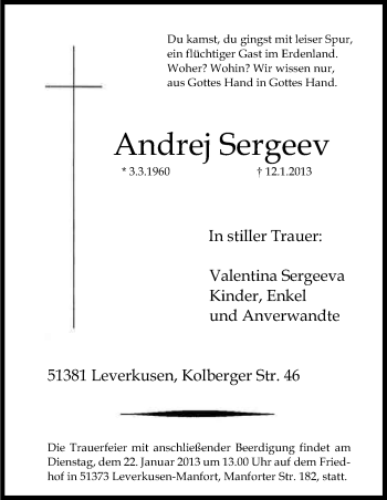 Anzeige von Andrej Sergeev von Kölner Stadt-Anzeiger / Kölnische Rundschau / Express