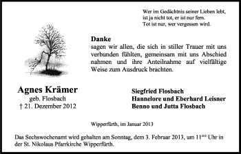 Anzeige von Agnes Krämer von Kölner Stadt-Anzeiger / Kölnische Rundschau / Express
