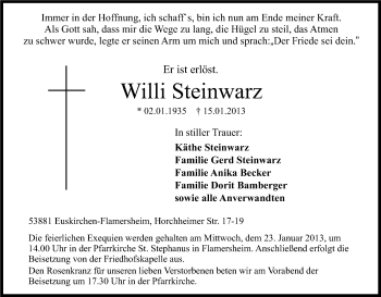 Anzeige von Willi Steinwarz von Kölner Stadt-Anzeiger / Kölnische Rundschau / Express
