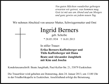 Anzeige von Ingrid Berners von Kölner Stadt-Anzeiger / Kölnische Rundschau / Express