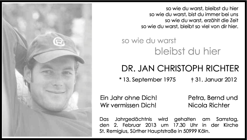  Traueranzeige für Jan Christoph Richter vom 26.01.2013 aus Kölner Stadt-Anzeiger / Kölnische Rundschau / Express