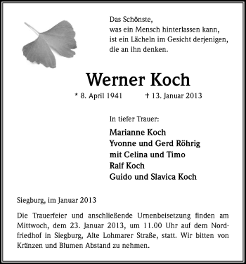 Anzeige von Werner Koch von Kölner Stadt-Anzeiger / Kölnische Rundschau / Express