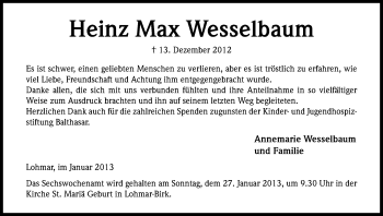 Anzeige von Heinz Max Wesselbaum von Kölner Stadt-Anzeiger / Kölnische Rundschau / Express