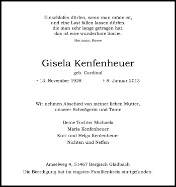 Anzeige von Gisela Kenfenheuer von Kölner Stadt-Anzeiger / Kölnische Rundschau / Express