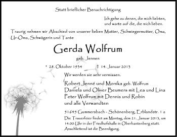 Anzeige von Gerda Wolfrum von Kölner Stadt-Anzeiger / Kölnische Rundschau / Express