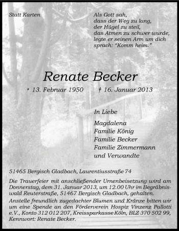 Anzeige von Renate Becker von Kölner Stadt-Anzeiger / Kölnische Rundschau / Express