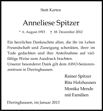 Anzeige von Anneliese Spitzer von Kölner Stadt-Anzeiger / Kölnische Rundschau / Express