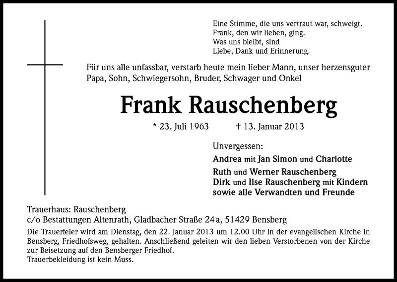  Traueranzeige für Frank Rauschenberg vom 18.01.2013 aus Kölner Stadt-Anzeiger / Kölnische Rundschau / Express