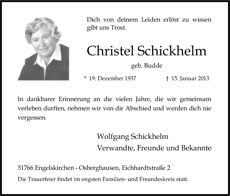  Traueranzeige für Christel Schickhelm vom 18.01.2013 aus Kölner Stadt-Anzeiger / Kölnische Rundschau / Express