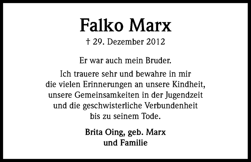  Traueranzeige für Falko Marx vom 26.01.2013 aus Kölner Stadt-Anzeiger / Kölnische Rundschau / Express