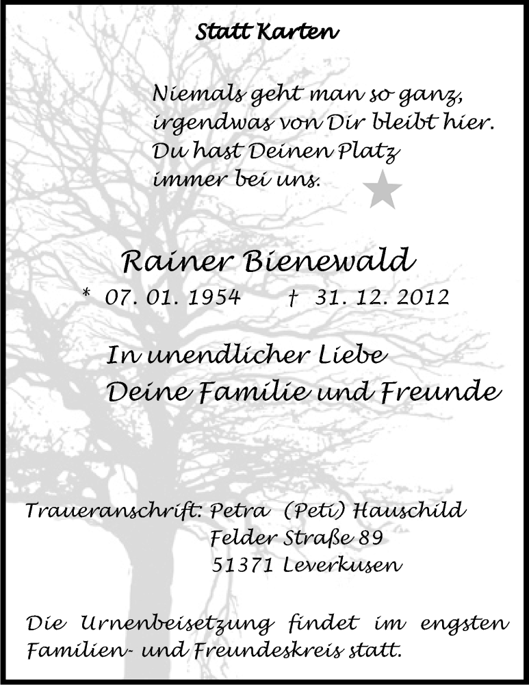  Traueranzeige für Rainer Bienewald vom 22.01.2013 aus Kölner Stadt-Anzeiger / Kölnische Rundschau / Express