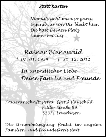 Anzeige von Rainer Bienewald von Kölner Stadt-Anzeiger / Kölnische Rundschau / Express